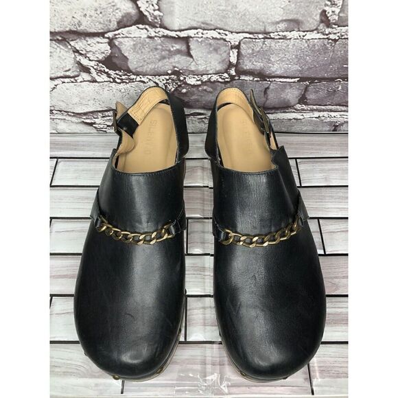 Silent D Georgia Clogs Mules Slingbacks Heeled Black Leather Wood Chain Women 41 - Picture 4 of 16